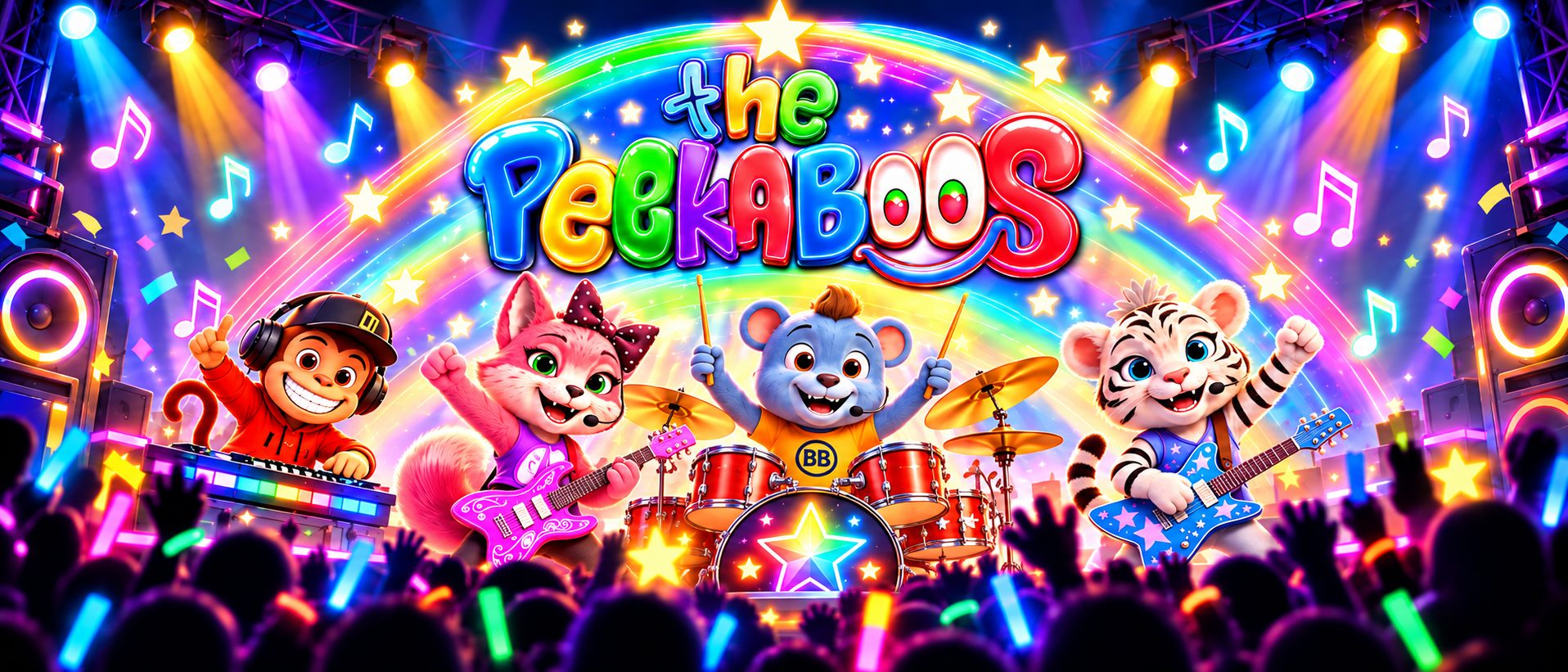 The Peekaboos: DJ Mac, Roxy, Buddy Boo and Tia performing on a rainbow stage in front of a cheering, glow-stick-waving crowd