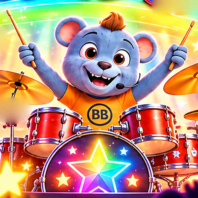 Buddy Boo, a blue bear in an orange BB shirt, drumming with his sticks in the air
