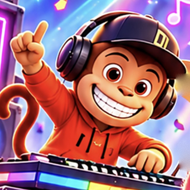 DJ Mac, a monkey in a cap and headphones, pointing up and grinning at his DJ table