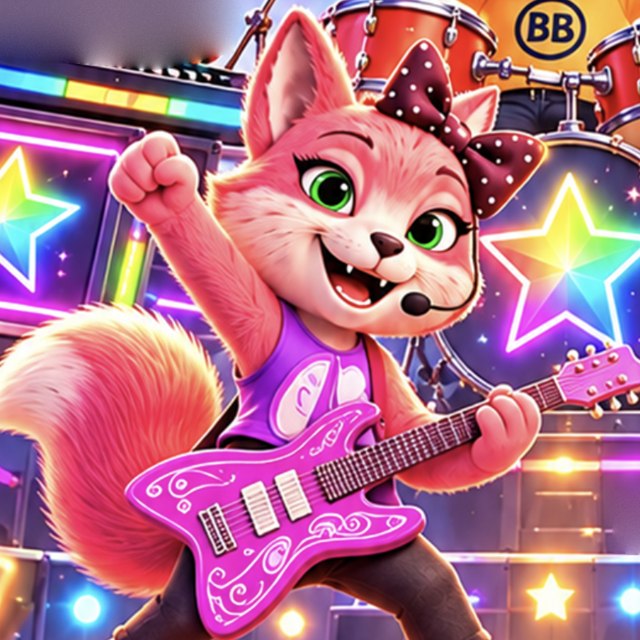 Roxy, a pink fox with a polka-dot bow, cheering with one fist up while playing a pink guitar