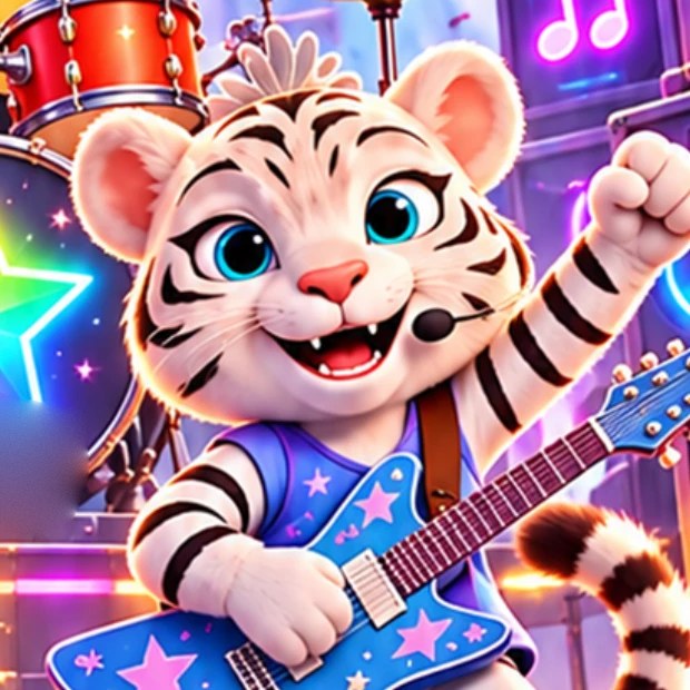 Tia, a white tiger cub, cheering with one fist in the air while playing a blue star guitar